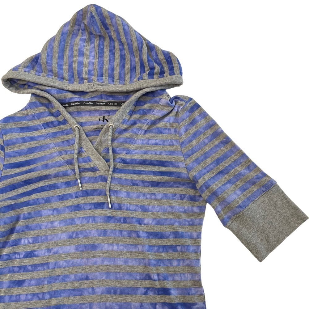 Calvin Klein Womens XL Blue and Gray Striped Hooded Shirt, Calvin Klein 354